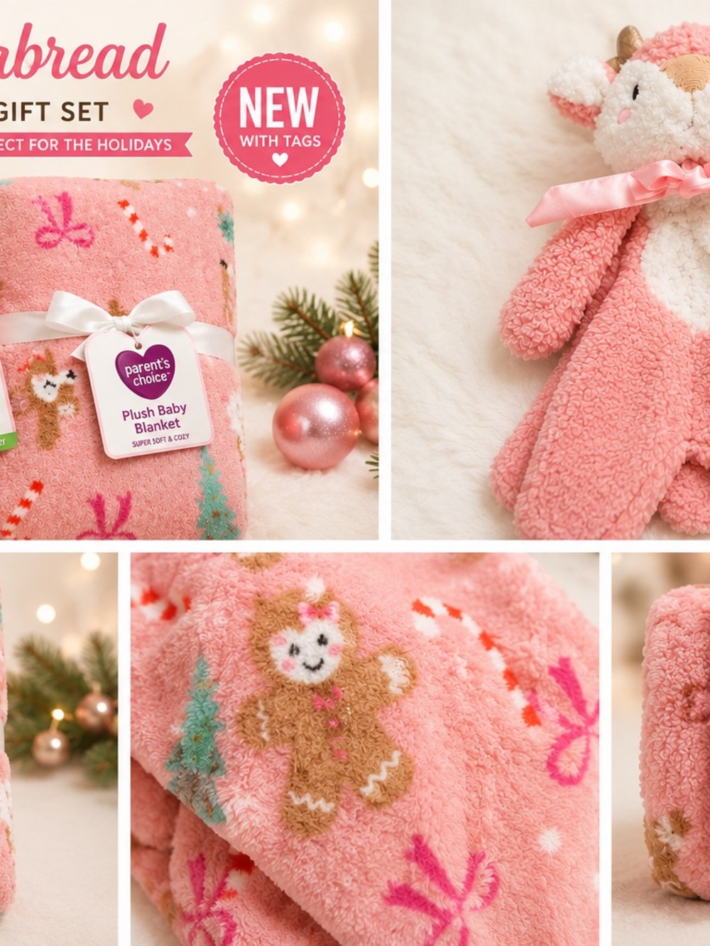 Plush Pink Baby Blanket Gift Set with Holiday Gingerbread Motif